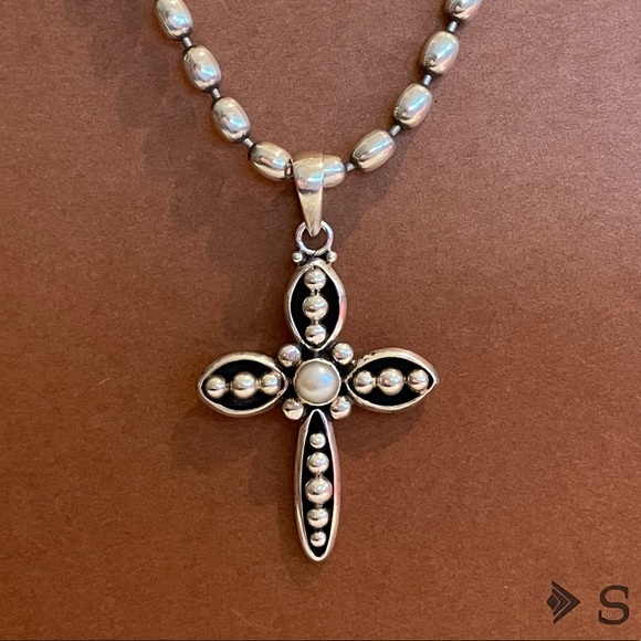 Silpada N1443 Polished Sterling Silver Oval Bead chain & Freshwater Pearl Cross - Picture 15 of 16